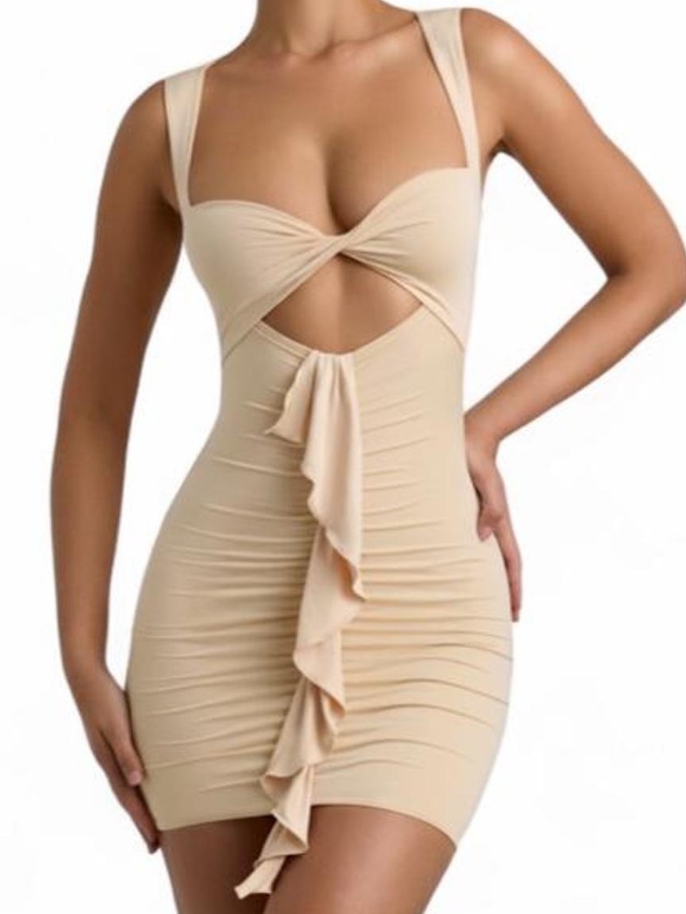 Oh Polly Beige Twist Front Ruffle Mini Dress